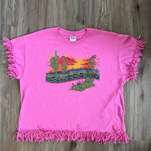 Boho Fringe Desert Sunset Cactus T-Shirt – Gildan Size Large